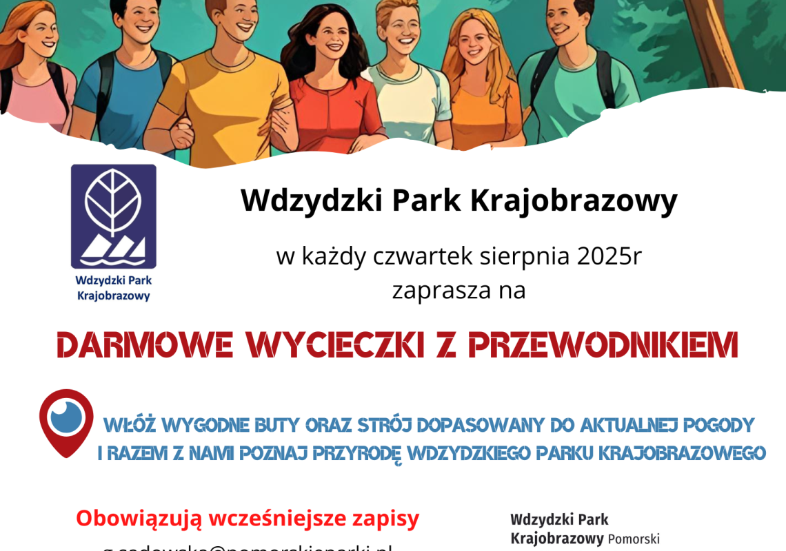 plakat Plakat zapraszający na darmowe wycieczki z przewodnimiem w sierpniu 2025r