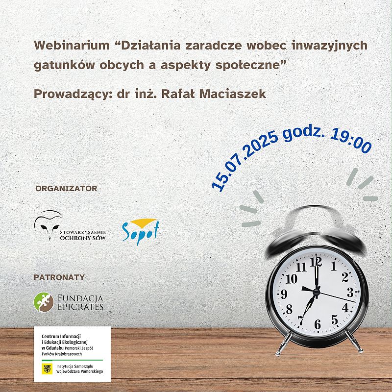 Plakat z tykajacym budzikiem, napisami o webinarze orz logotypami organziatoró i patronów.