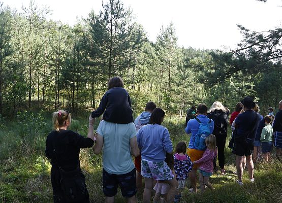 Grupa dorosłych i dzieci na brzegu torfowiska w lesie podczas wspólnej wycieczki w słoneczny dzień.