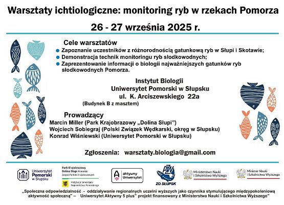 Plakat z tekstem i schematycznymi rysunkami ryb na białym tle