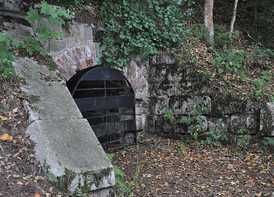 Metalowe półokrągłe drzwi do kamiennego tunelu