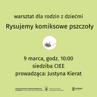 Tekst zaproszenia z małą komiksową pszczołą na środku i logotypami na dole