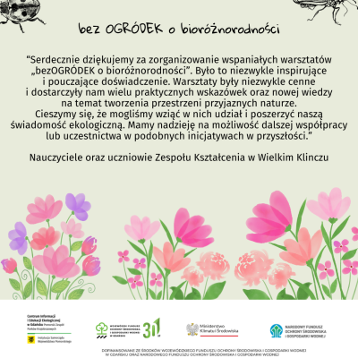 podziękowanie od uczniów i nauczycieli ze szkoły w Klinczu, ozdobione rysunkiem kwiatów.