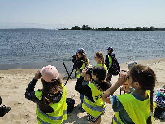 Oglądamy fokę, fot. JKR Dzieci w kamizelkach odblasowych oglądają coś przez lunetę.