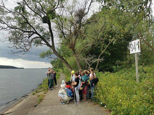 Nad Wisłą, fot. JKR Grupa dzieci stoi nad brzegiem rzeki, pani fotografuje