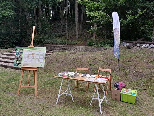 Na zdjęciu widoczne jest edukacyjne stoisko plenerowe zlokalizowane na skraju lasu. Po lewej stronie ustawiona jest plansza edukacyjna na sztaludze z tytułem „Płazy i gady”, zawierająca zdjęcia i opisy zwierząt. Obok znajduje się składany stół z